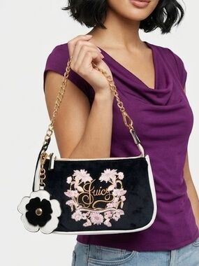 Juicy Couture Black Velvet Floral Bloom Cherry Blossom Bag Gold Chain Y2K in Box